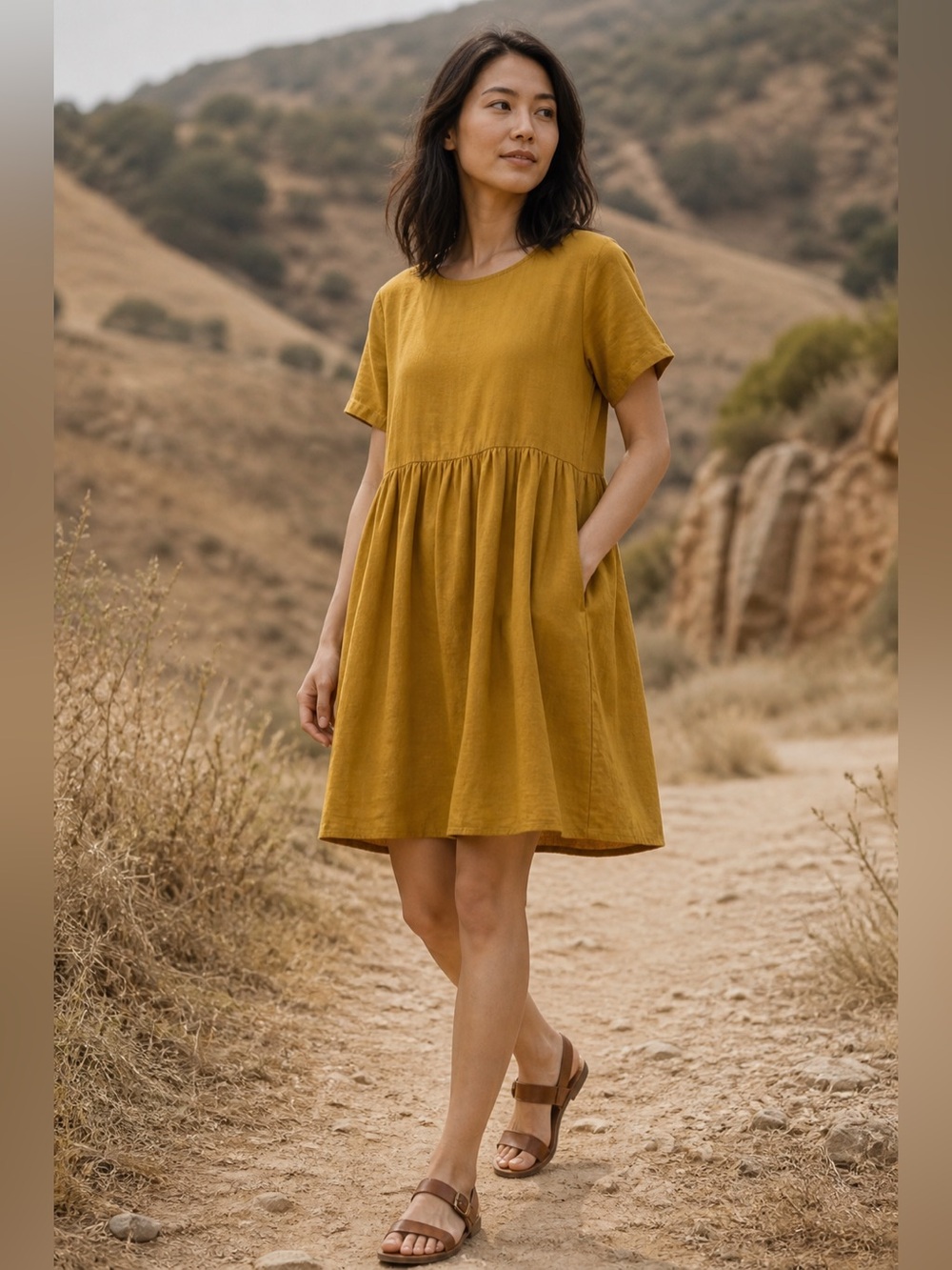 Tradlands Tencel Linen Nico Relaxed Babydoll Dress Mustard Pocket Small